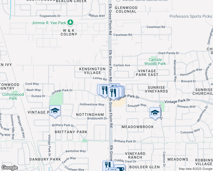 map of restaurants, bars, coffee shops, grocery stores, and more near 8861 Vintage Park Drive in Sacramento