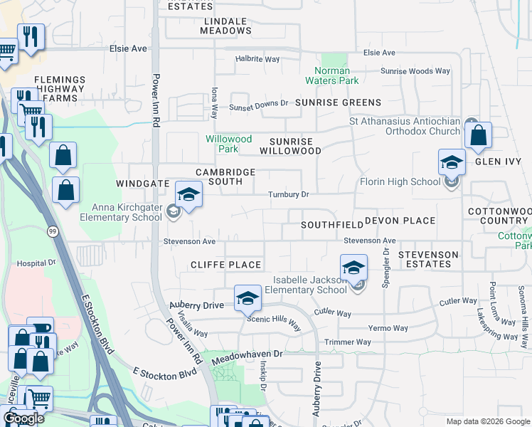map of restaurants, bars, coffee shops, grocery stores, and more near 8258 Sannam Way in Sacramento