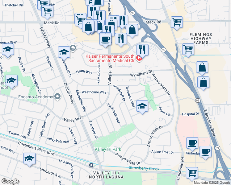 map of restaurants, bars, coffee shops, grocery stores, and more near 6551 Weatherford Way in Sacramento