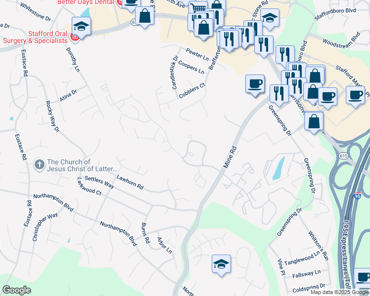 map of restaurants, bars, coffee shops, grocery stores, and more near 1102 Pinnacle Drive in Stafford
