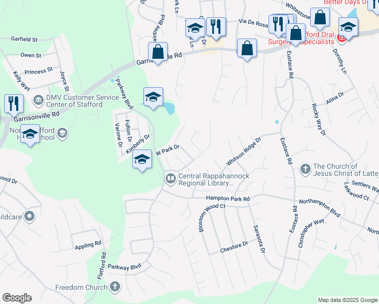 map of restaurants, bars, coffee shops, grocery stores, and more near 409 West Park Drive in Stafford