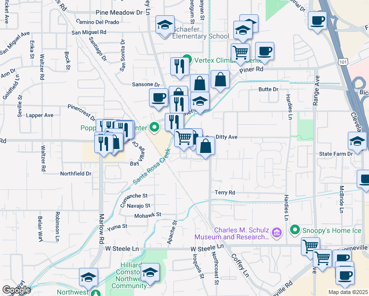 map of restaurants, bars, coffee shops, grocery stores, and more near 2221 Bluebell Drive in Santa Rosa