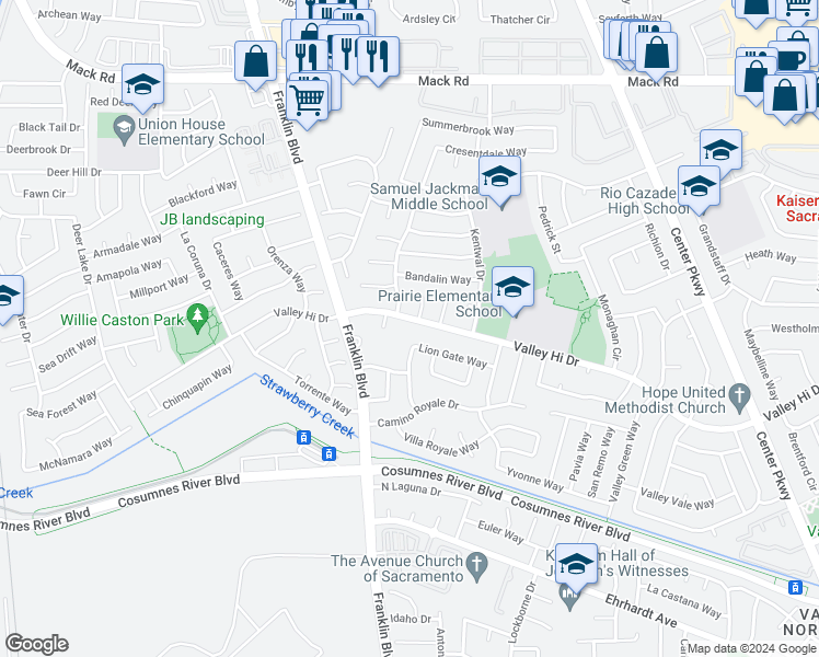 map of restaurants, bars, coffee shops, grocery stores, and more near 4816 Valley Hi Drive in Sacramento
