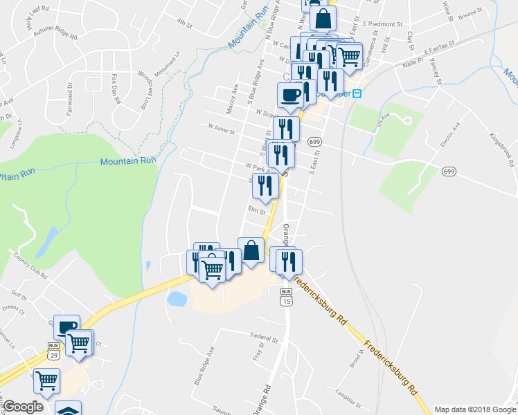 map of restaurants, bars, coffee shops, grocery stores, and more near 118 Elm Street in Culpeper