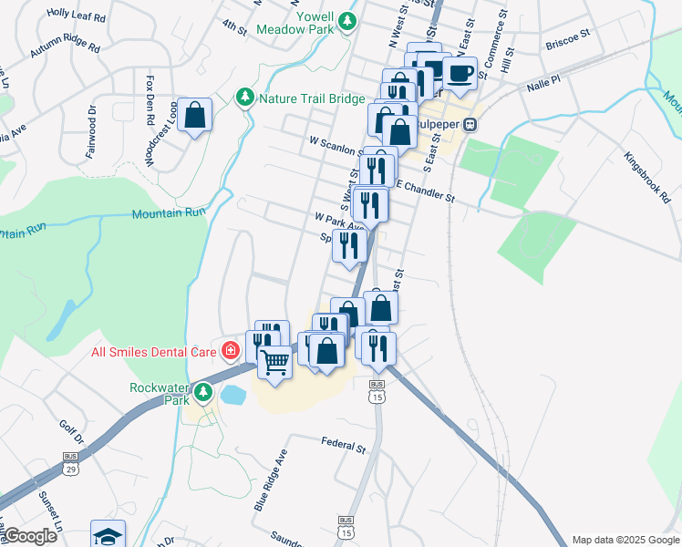 map of restaurants, bars, coffee shops, grocery stores, and more near 118 Elm Street in Culpeper