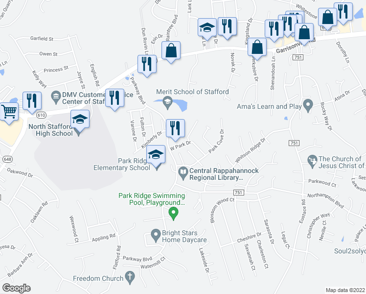 map of restaurants, bars, coffee shops, grocery stores, and more near 200 West Park Drive in Stafford