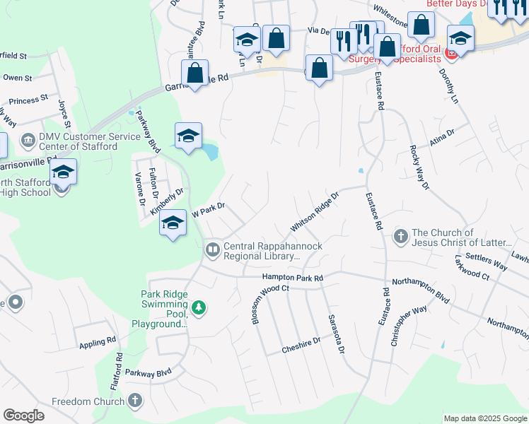 map of restaurants, bars, coffee shops, grocery stores, and more near 300 Park Cove Drive in Stafford