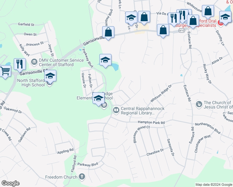 map of restaurants, bars, coffee shops, grocery stores, and more near 202 West Park Drive in Stafford