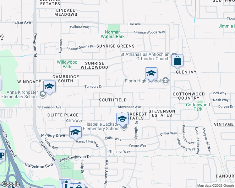 map of restaurants, bars, coffee shops, grocery stores, and more near 8030 Springarden Way in Sacramento