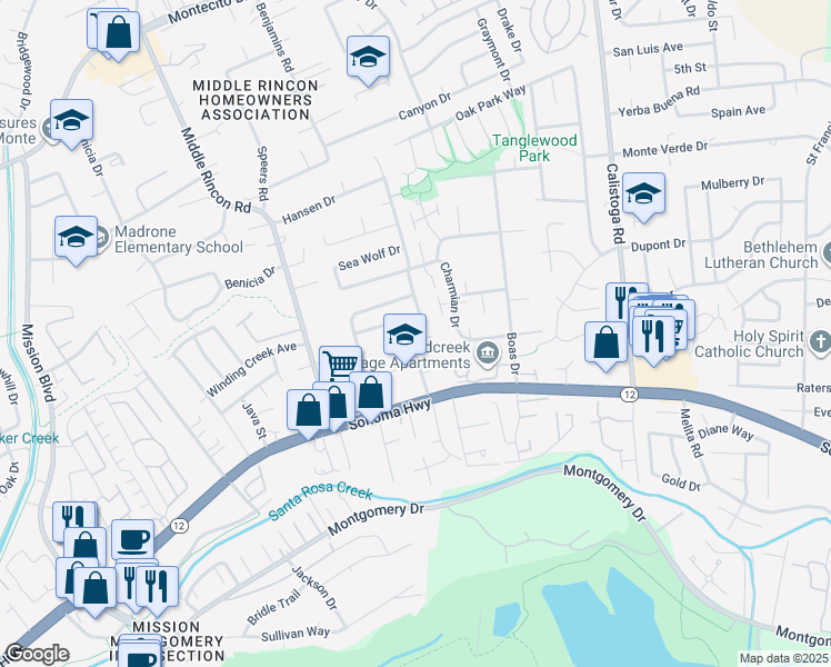 map of restaurants, bars, coffee shops, grocery stores, and more near 5020 Roma Street in Santa Rosa