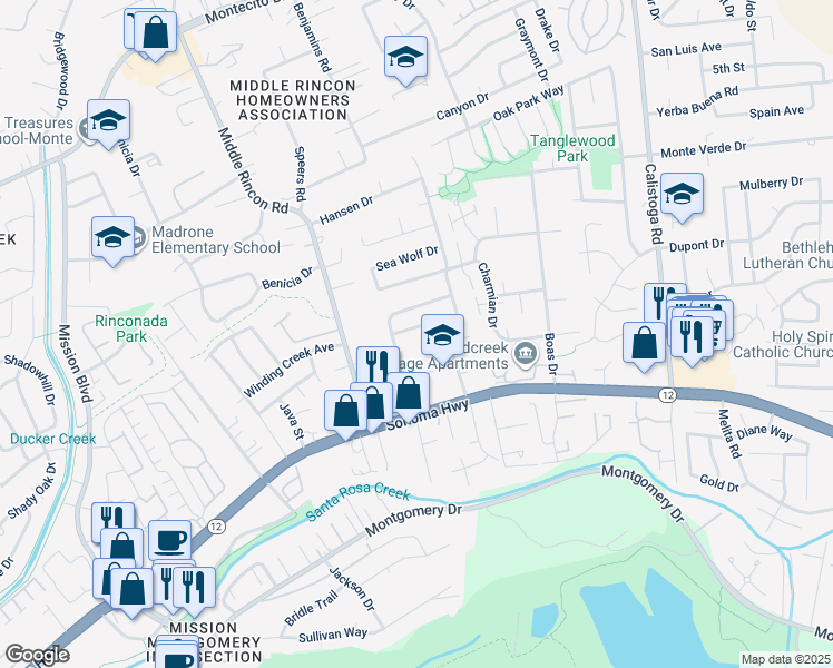 map of restaurants, bars, coffee shops, grocery stores, and more near 5020 Roma Street in Santa Rosa