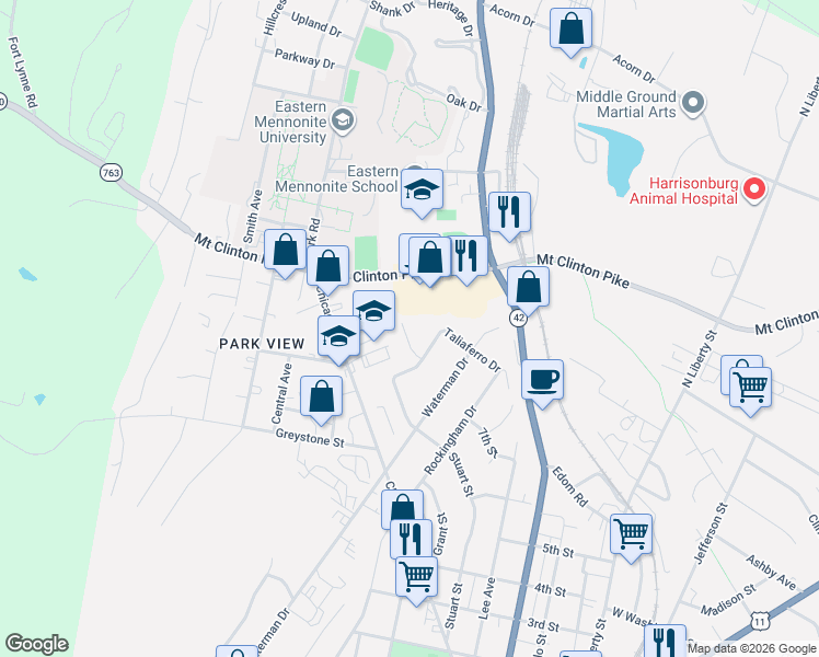 map of restaurants, bars, coffee shops, grocery stores, and more near 1110 Woodleigh Court in Harrisonburg