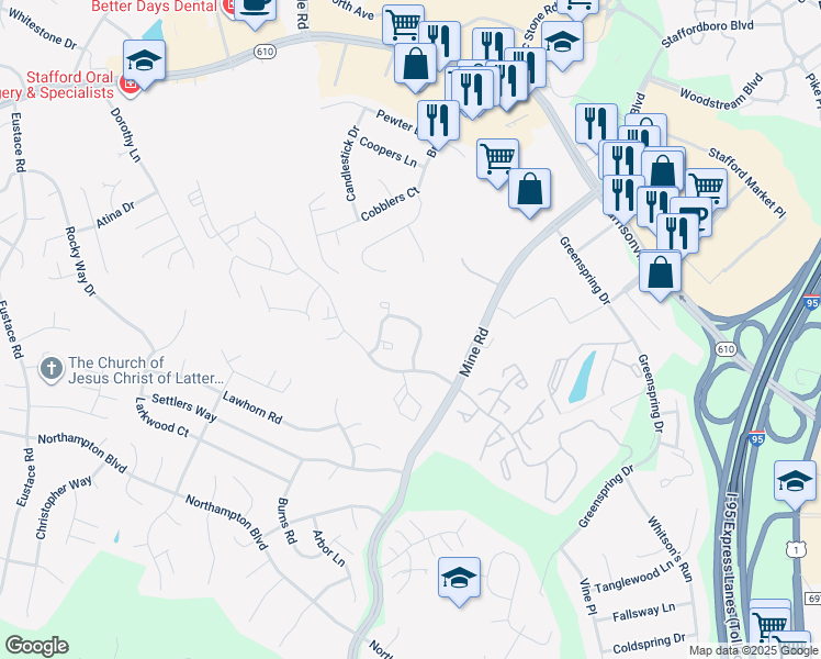 map of restaurants, bars, coffee shops, grocery stores, and more near 503 Pinnacle Drive in Stafford
