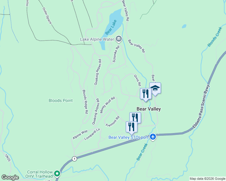 map of restaurants, bars, coffee shops, grocery stores, and more near 249 Monty Wolf Road in Bear Valley