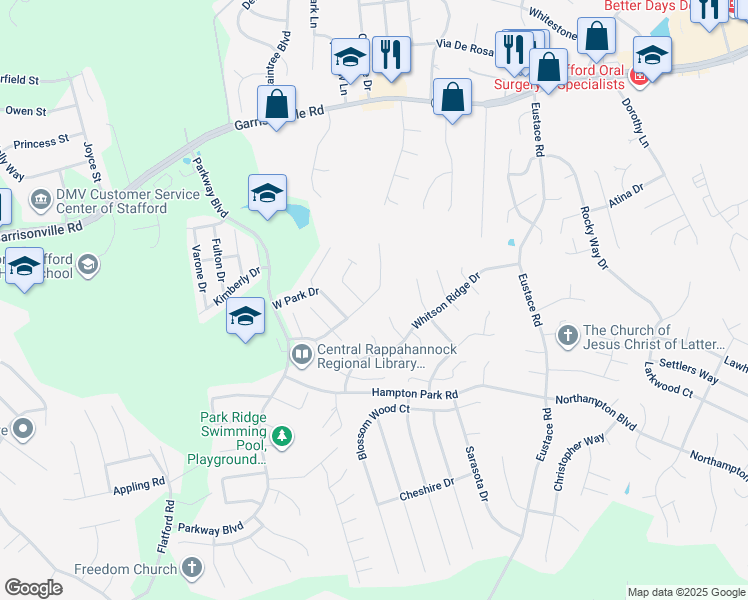 map of restaurants, bars, coffee shops, grocery stores, and more near 300 Park Cove Drive in Stafford