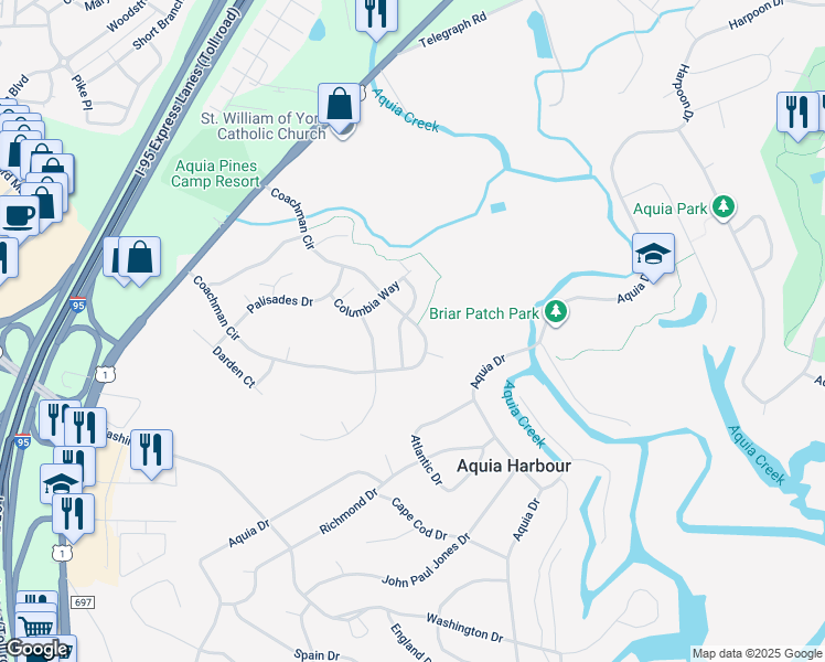 map of restaurants, bars, coffee shops, grocery stores, and more near 105 Coachman Circle in Stafford