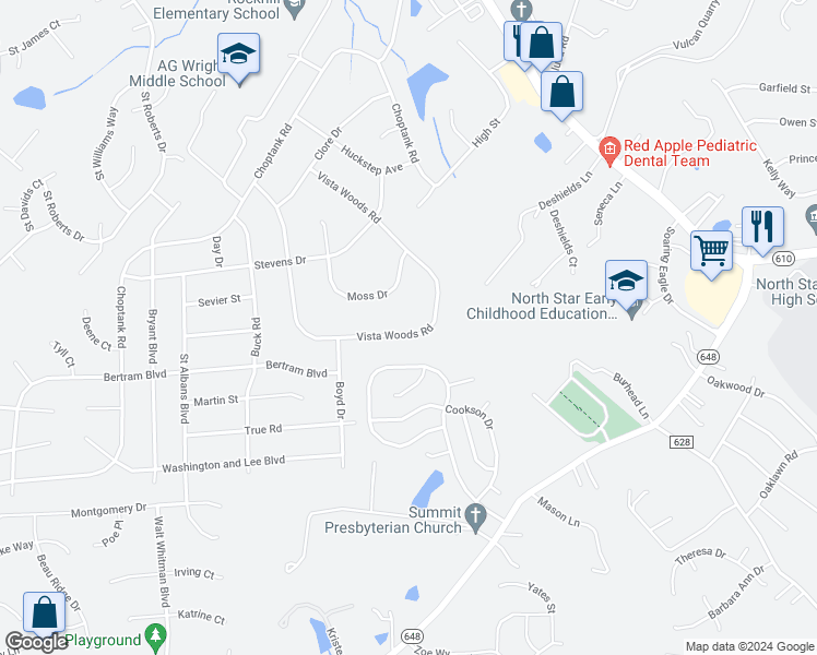 map of restaurants, bars, coffee shops, grocery stores, and more near 48 Vista Woods Road in Stafford