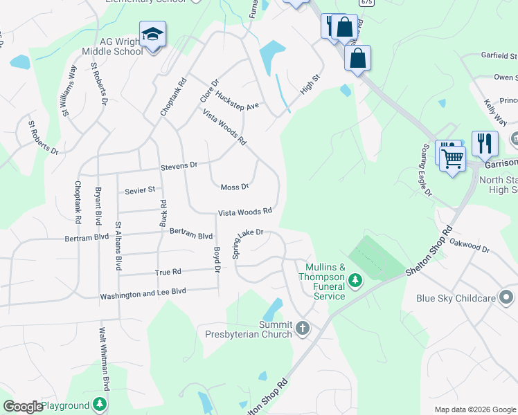 map of restaurants, bars, coffee shops, grocery stores, and more near 48 Vista Woods Road in Stafford