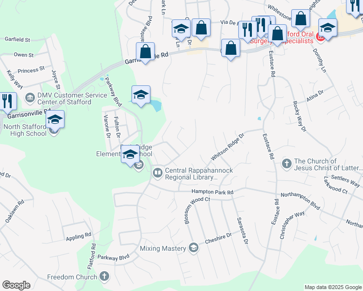 map of restaurants, bars, coffee shops, grocery stores, and more near 101 Park Brook Court in Stafford