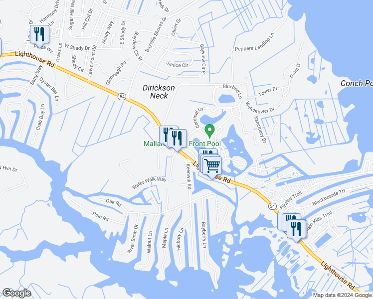 map of restaurants, bars, coffee shops, grocery stores, and more near 80 Mockingbird Lane in Selbyville
