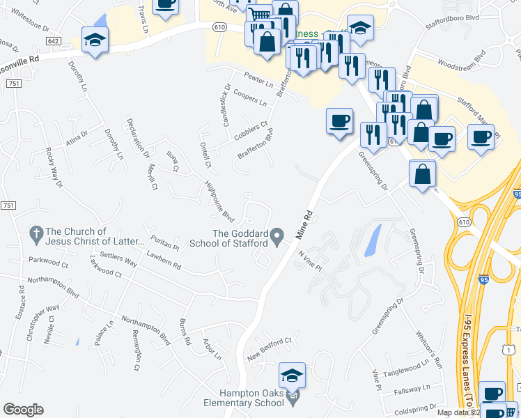 map of restaurants, bars, coffee shops, grocery stores, and more near 509 Pinnacle Drive in Stafford
