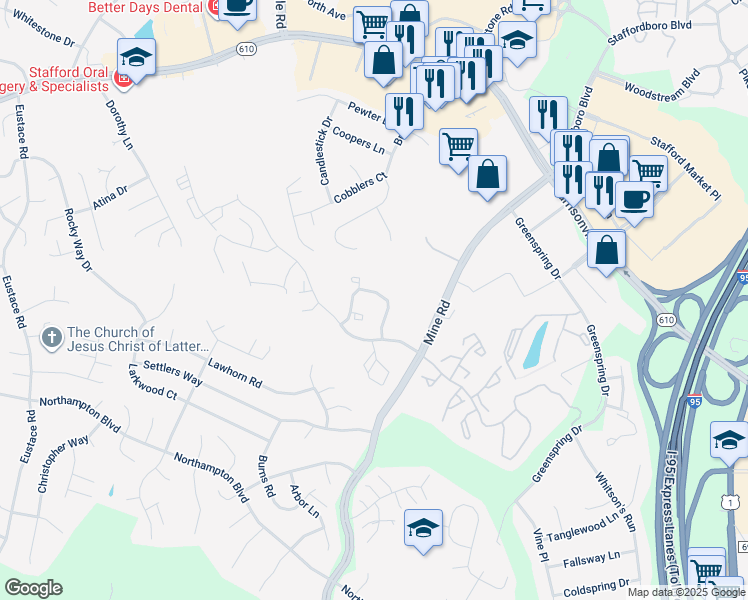 map of restaurants, bars, coffee shops, grocery stores, and more near 509 Pinnacle Drive in Stafford