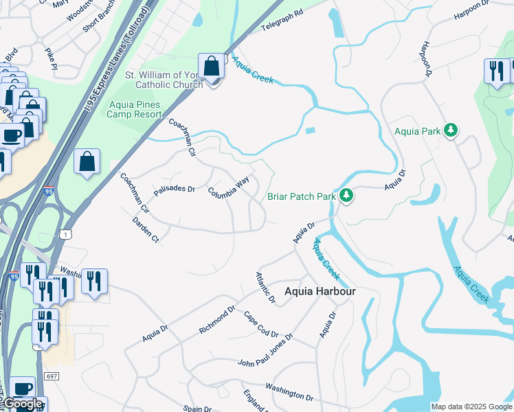 map of restaurants, bars, coffee shops, grocery stores, and more near 105 Coachman Circle in Stafford