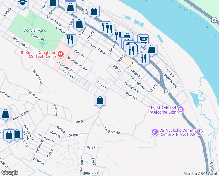 map of restaurants, bars, coffee shops, grocery stores, and more near 2900 Montgomery Avenue in Ashland