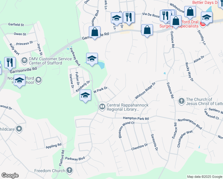 map of restaurants, bars, coffee shops, grocery stores, and more near 401 West Park Drive in Stafford