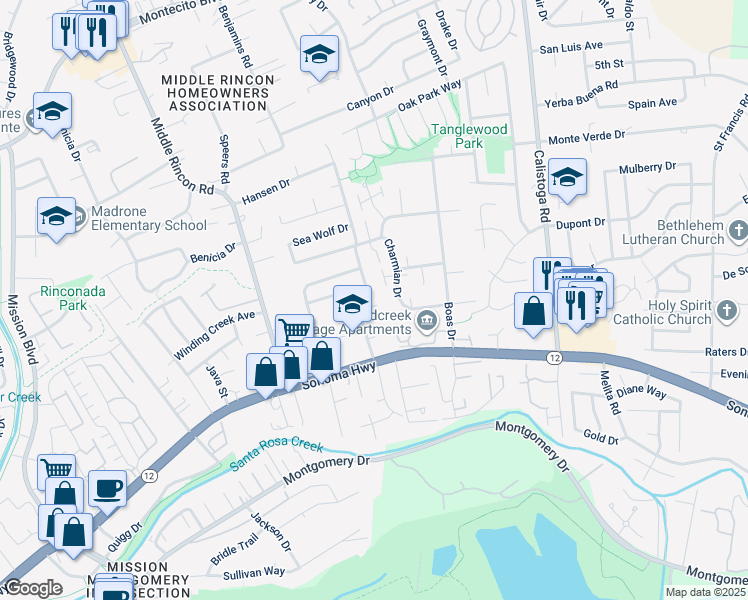 map of restaurants, bars, coffee shops, grocery stores, and more near 512 Jack London Drive in Santa Rosa