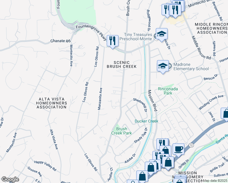 map of restaurants, bars, coffee shops, grocery stores, and more near 1617 Brush Creek Road in Santa Rosa