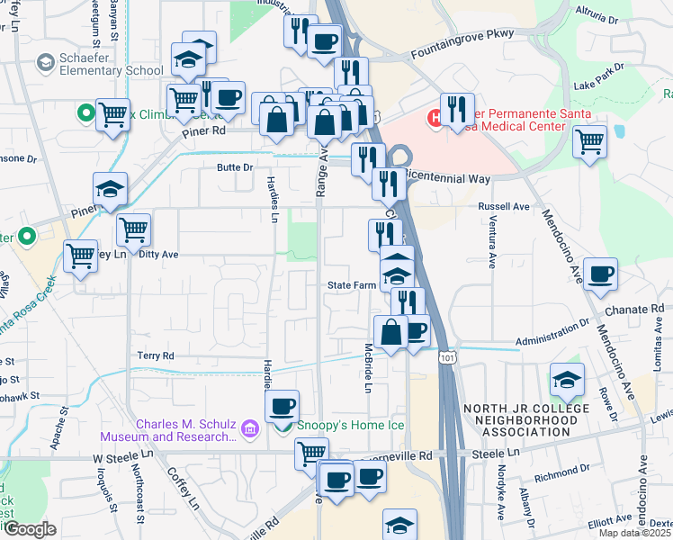 map of restaurants, bars, coffee shops, grocery stores, and more near 850 Russell Avenue in Santa Rosa