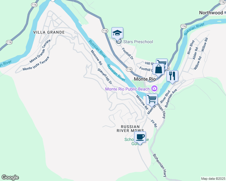 map of restaurants, bars, coffee shops, grocery stores, and more near 21607 Moscow Road in Monte Rio