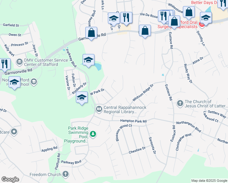 map of restaurants, bars, coffee shops, grocery stores, and more near 101 Park Brook Court in Stafford