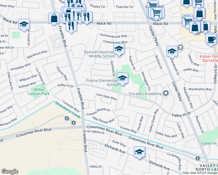 map of restaurants, bars, coffee shops, grocery stores, and more near 4985 Valley Hi Drive in Sacramento