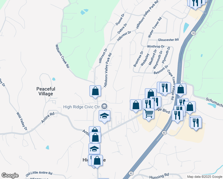 map of restaurants, bars, coffee shops, grocery stores, and more near 2701 Skyline Drive in High Ridge