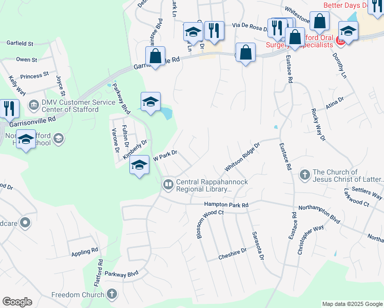map of restaurants, bars, coffee shops, grocery stores, and more near 105 Park Brook Court in Stafford