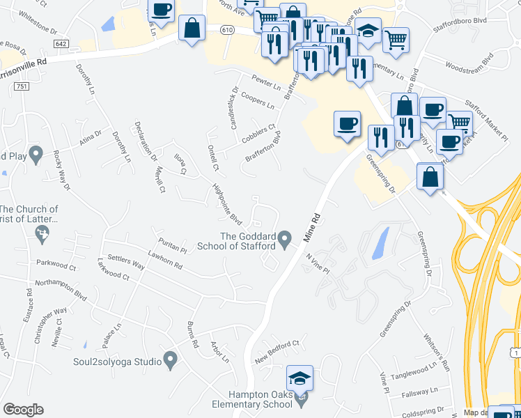 map of restaurants, bars, coffee shops, grocery stores, and more near 607 Pinnacle Drive in Stafford
