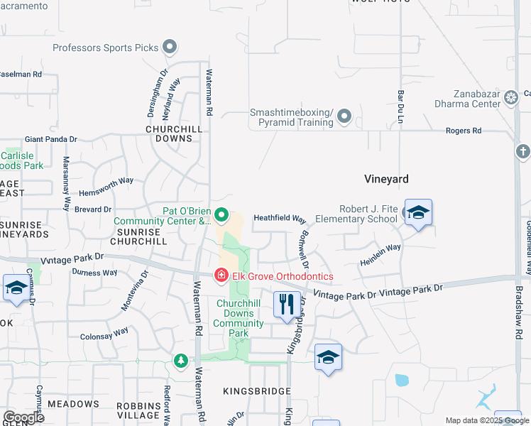 map of restaurants, bars, coffee shops, grocery stores, and more near 9256 Heathfield Way in Sacramento