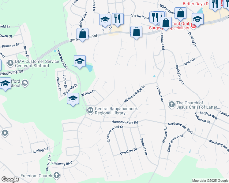 map of restaurants, bars, coffee shops, grocery stores, and more near 310 Park Cove Drive in Stafford