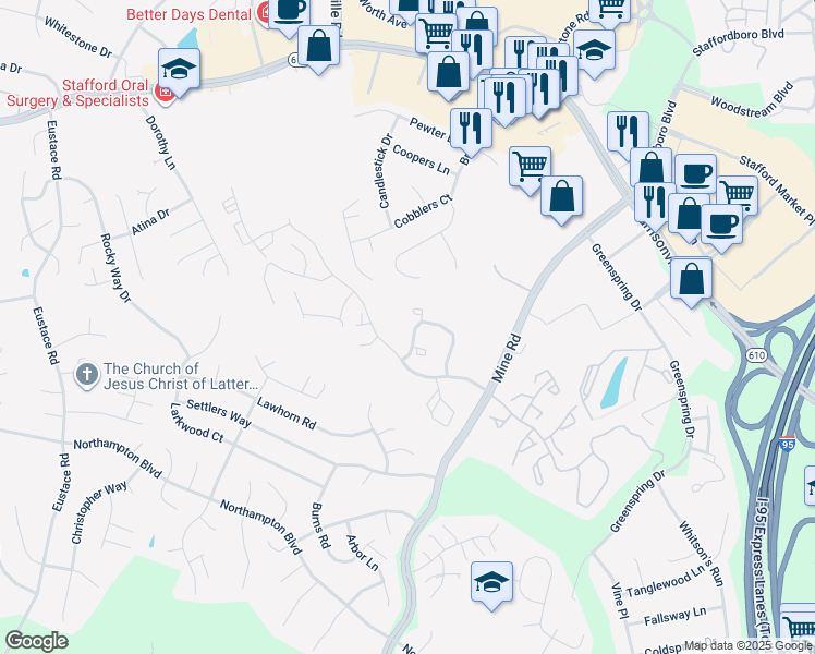 map of restaurants, bars, coffee shops, grocery stores, and more near 1006 Pinnacle Drive in Stafford