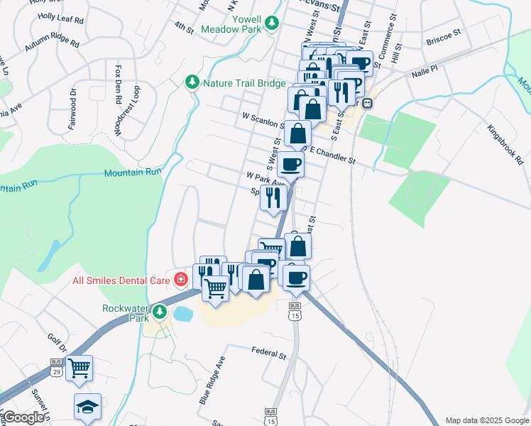 map of restaurants, bars, coffee shops, grocery stores, and more near 135 Oak View Street in Culpeper