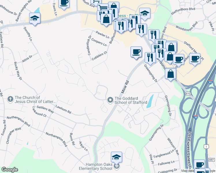map of restaurants, bars, coffee shops, grocery stores, and more near 406 Pinnacle Drive in Stafford