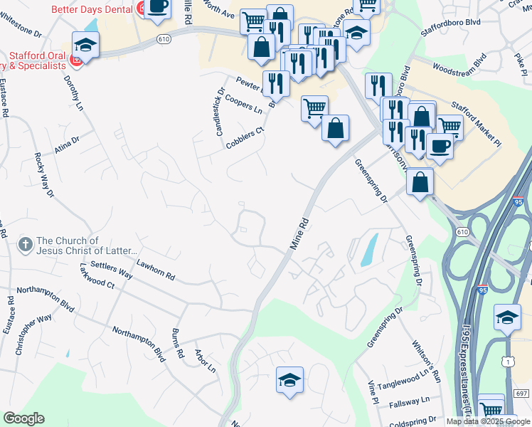 map of restaurants, bars, coffee shops, grocery stores, and more near 406 Pinnacle Drive in Stafford