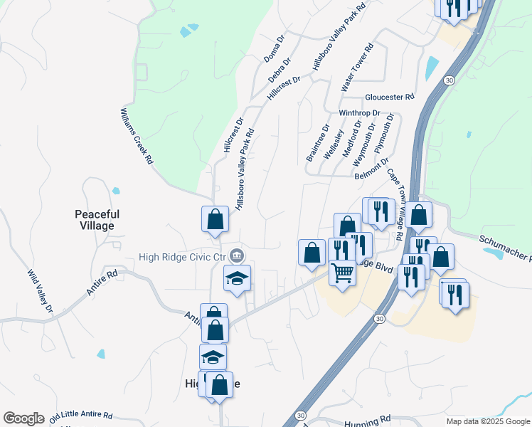 map of restaurants, bars, coffee shops, grocery stores, and more near 2701 Skyline Drive in High Ridge