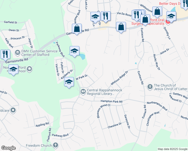 map of restaurants, bars, coffee shops, grocery stores, and more near 111 Park Brook Court in Stafford