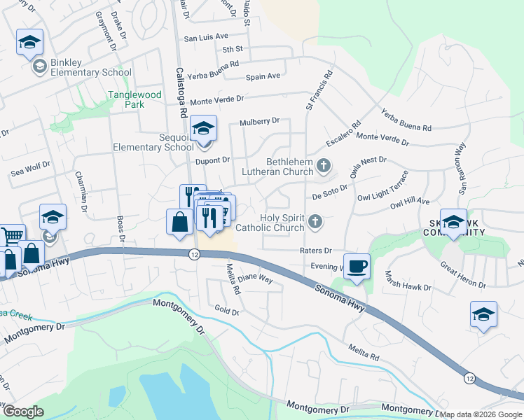 map of restaurants, bars, coffee shops, grocery stores, and more near 5510 El Encanto Drive in Santa Rosa