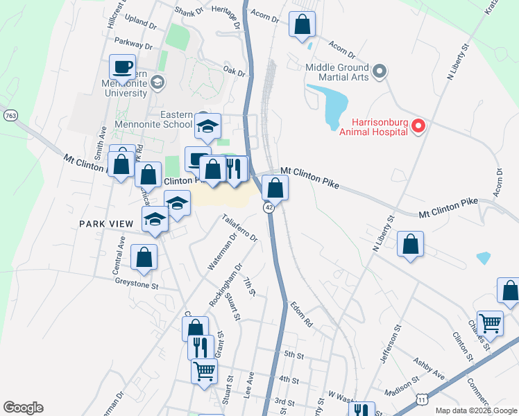 map of restaurants, bars, coffee shops, grocery stores, and more near 1115 Virginia Ave in Harrisonburg