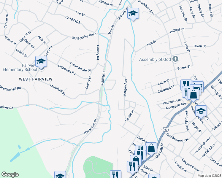 map of restaurants, bars, coffee shops, grocery stores, and more near 3100 Roberts Drive in Ashland