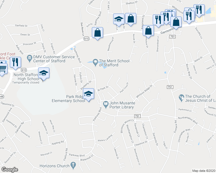 map of restaurants, bars, coffee shops, grocery stores, and more near 213 Waters Cove Court in Stafford